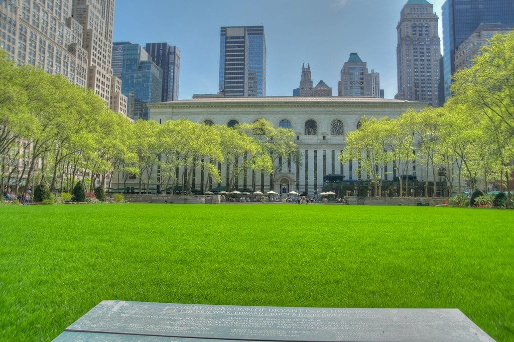 The Bryant Park Lawn, from the west side looking east to the NY Public Library